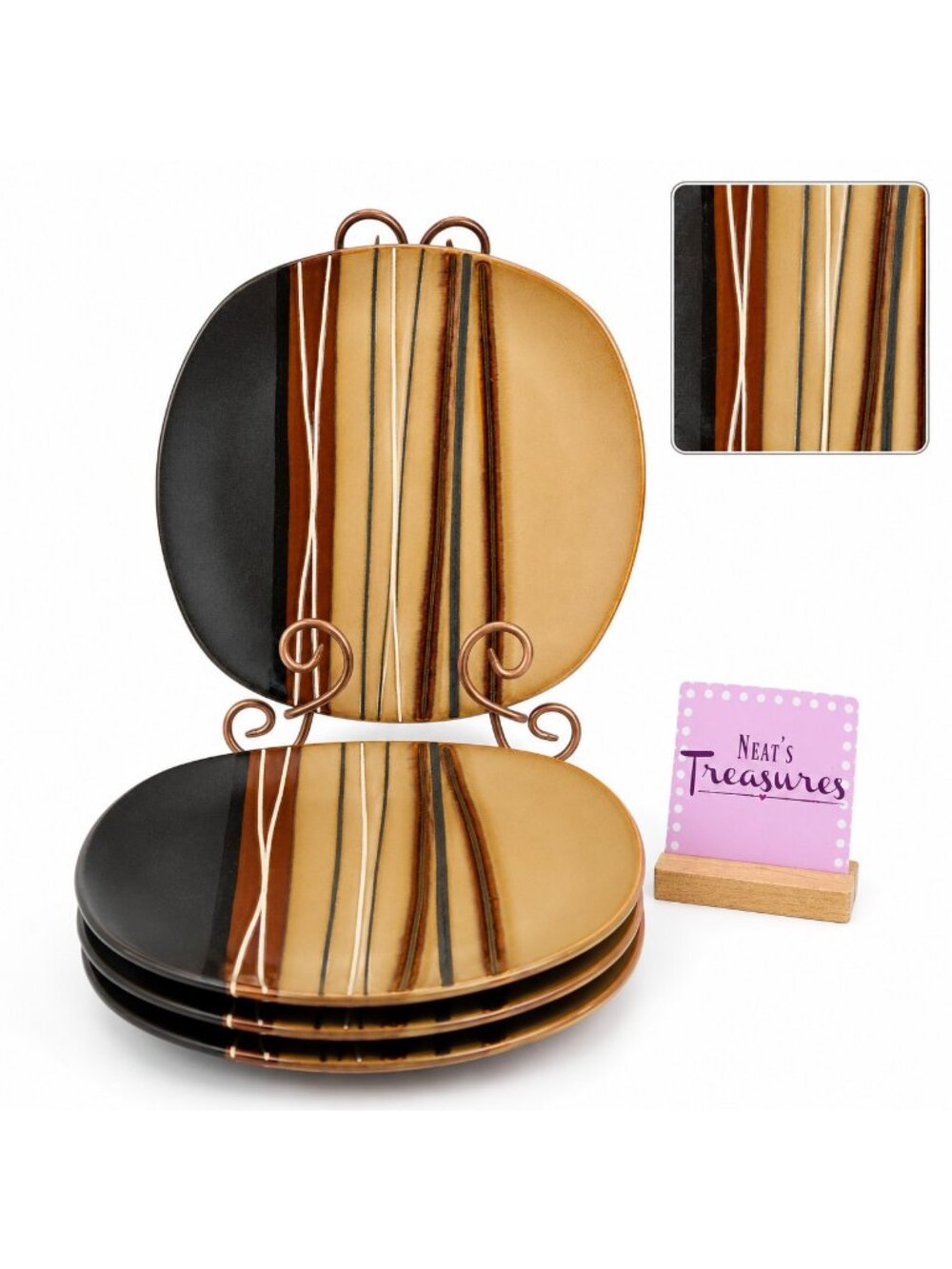 Home Trends BAZAAR BROWN Stoneware Square Tan Stripe Coupe Dinner Plate Set of 4